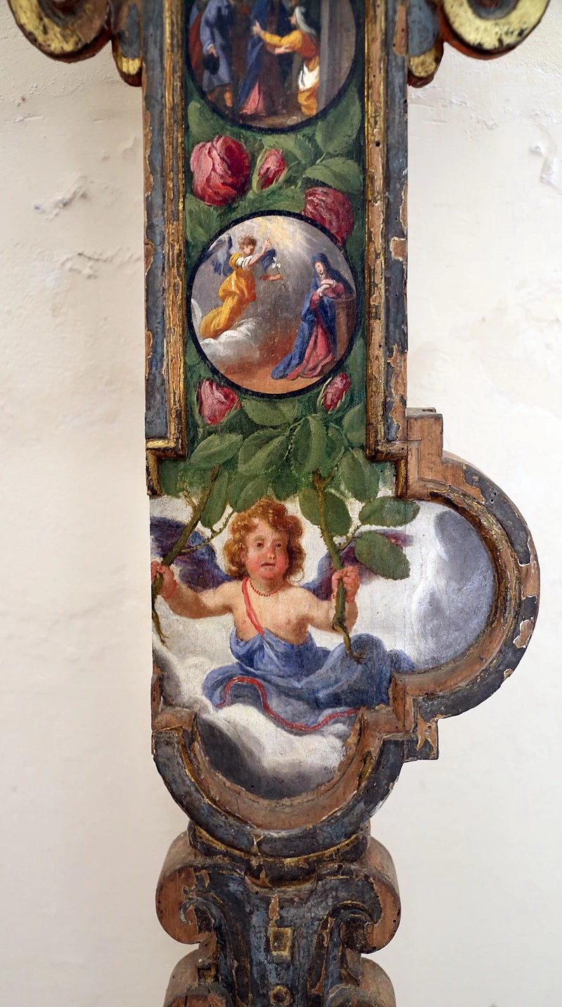 Croce penitenziale con la Madonna del Rosario, san Domenico e i misteri del Rosario - Chiesa di San Pietro, Vaglia, Firenze, dettaglio